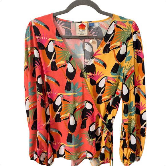 Farm Rio x Anthropologie Toucan Tropical Rainforest Wrap Blouse Size XS - Picture 4 of 15